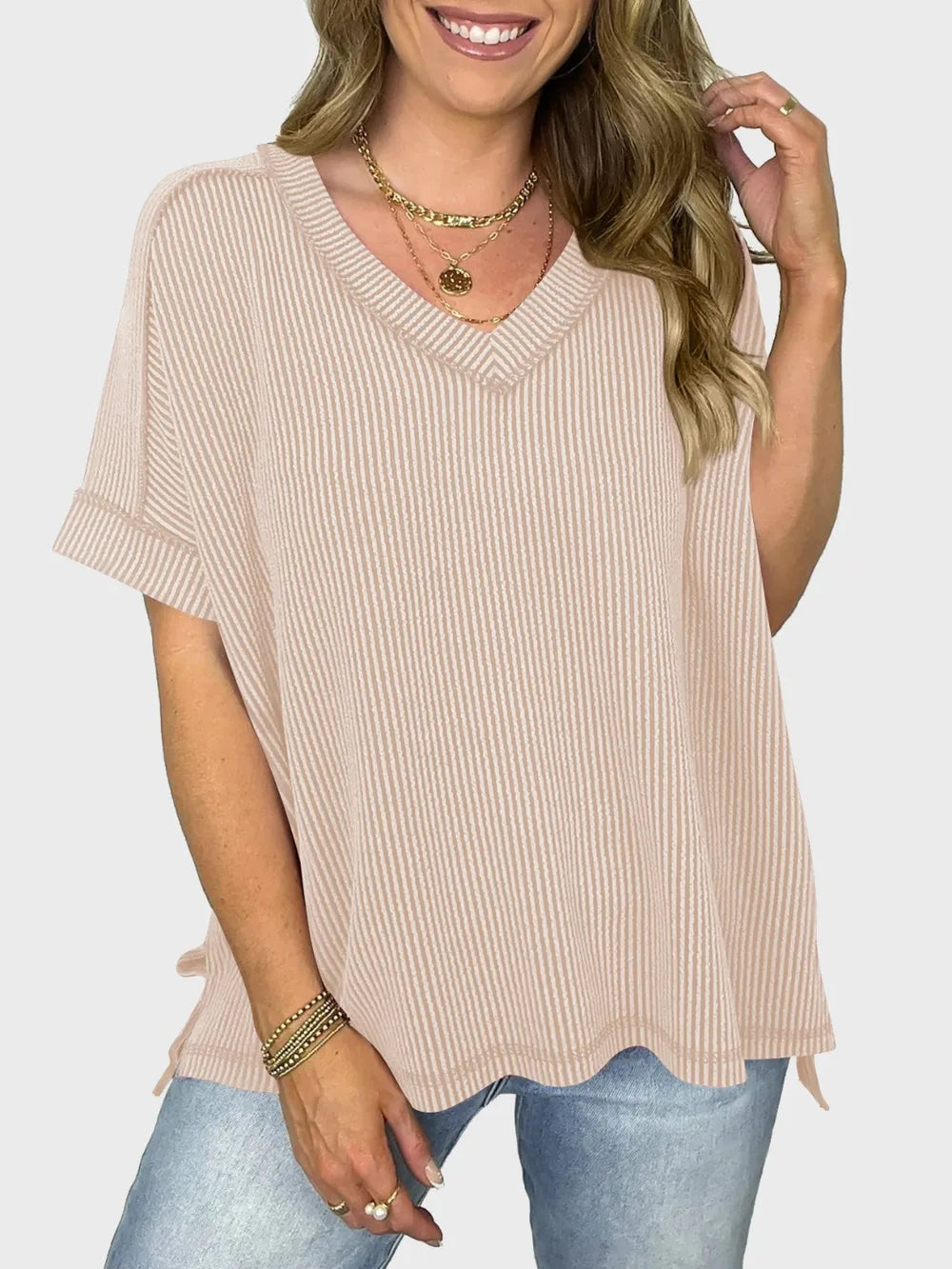 Lovelet Texture V-Neck Half Sleeve T-Shirt.