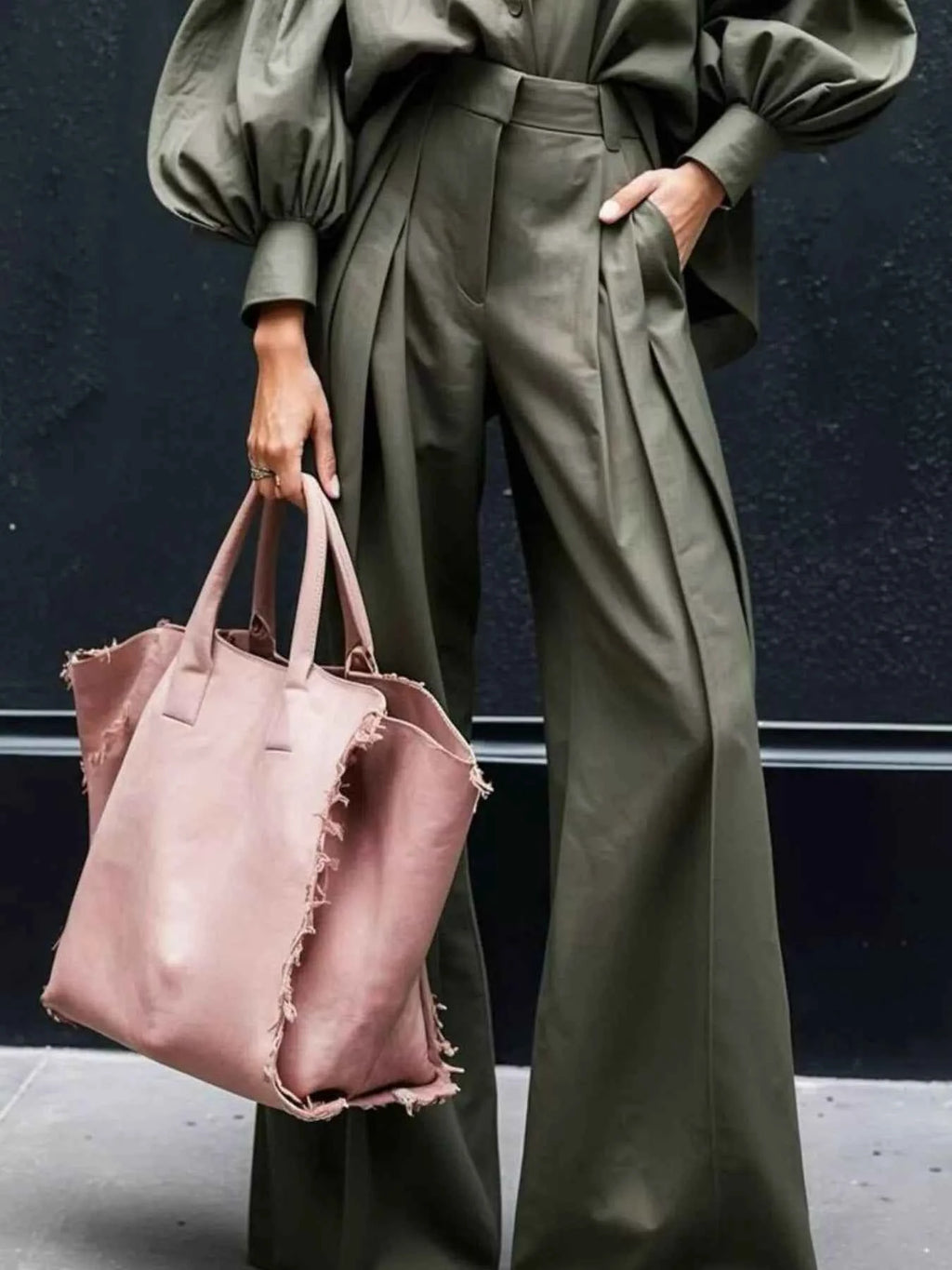 Lantern Sleeve Shirt and Wide Leg Pants Set