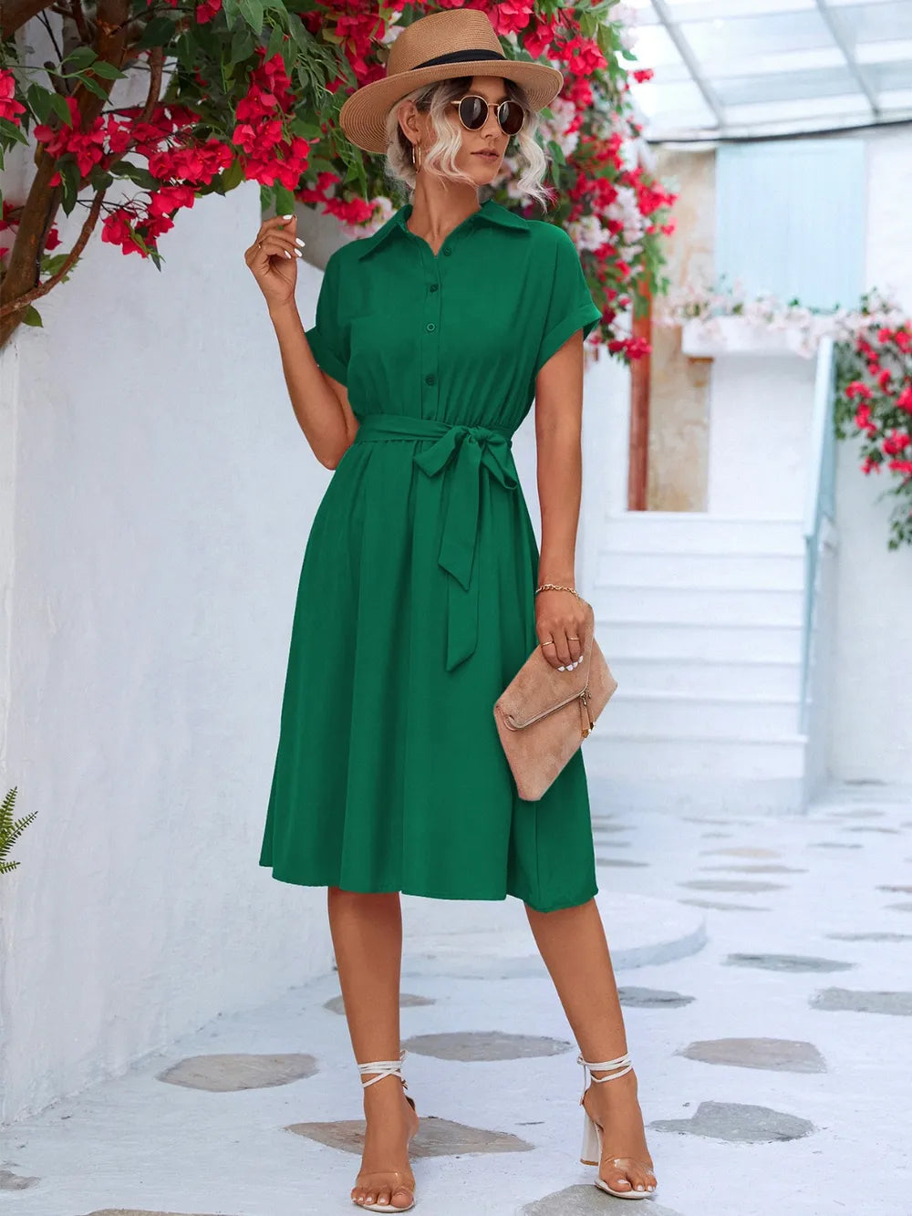 Buttoned Tie Waist Short Sleeve Dress.