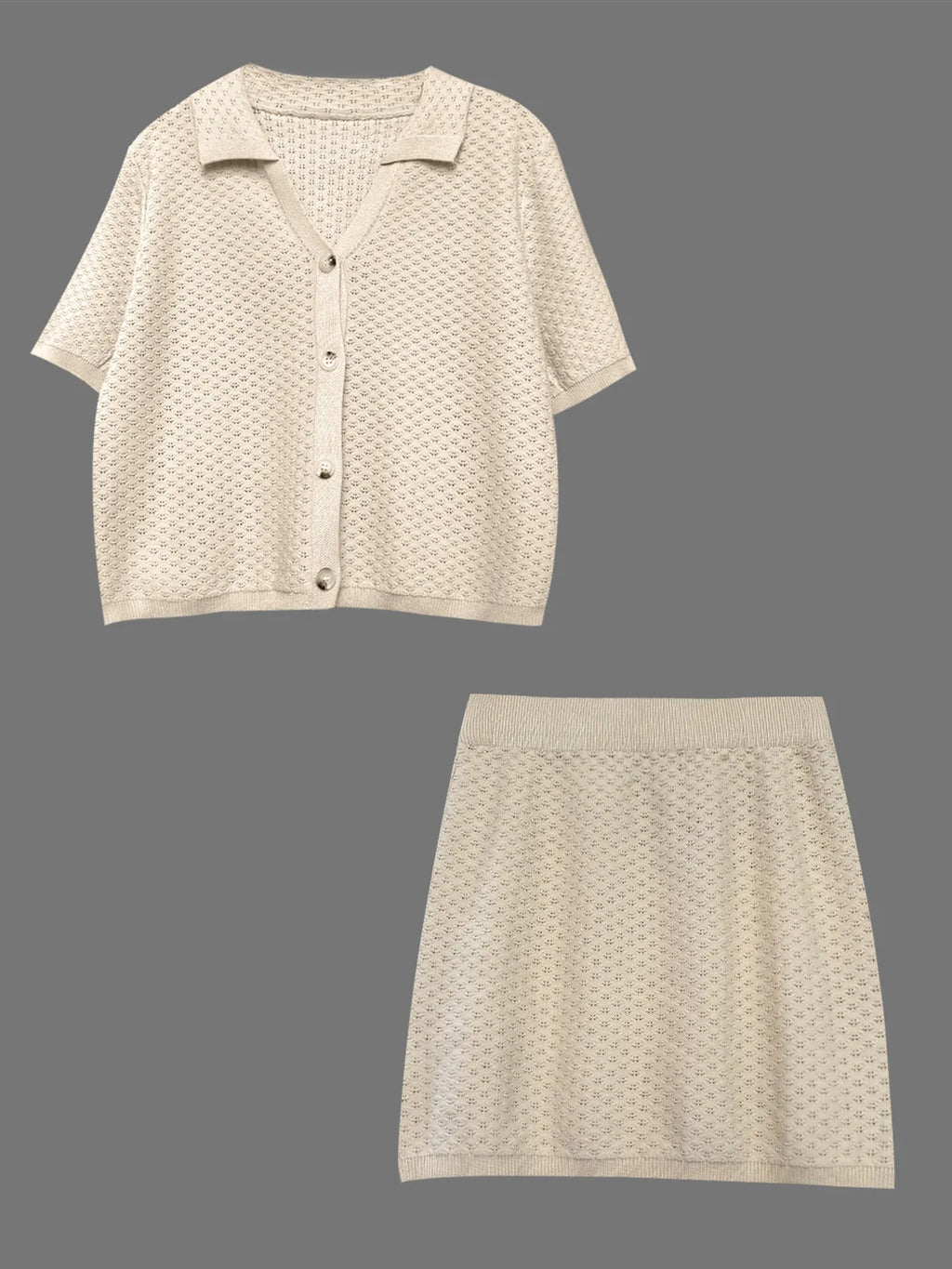 Openwork Button Up Top and Skirt Sweater Set.