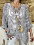 V Neck Hollow Out Knit Tunic Top Batwing Half Sleeve Loose Mesh Cover Up