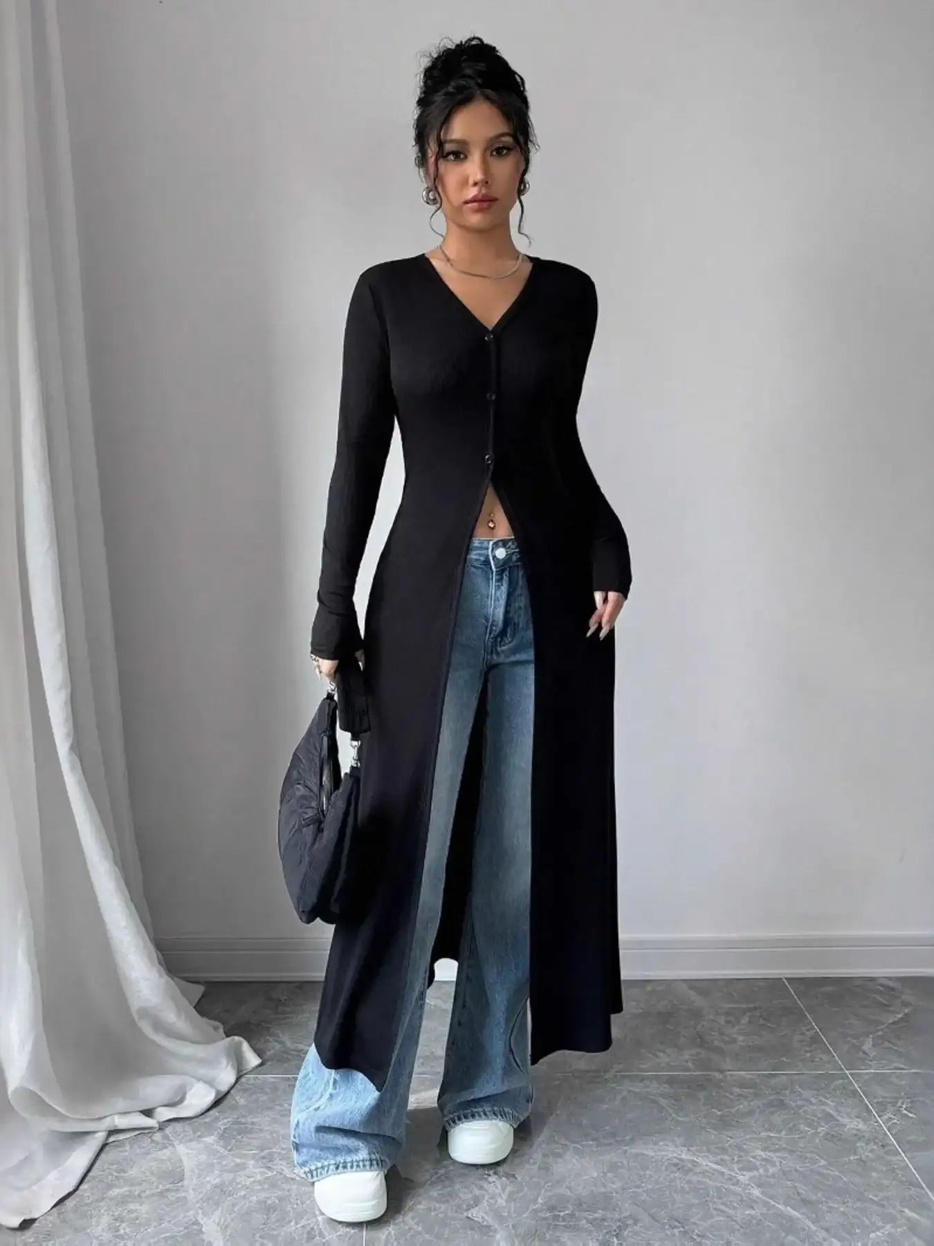 V-Neck Button-Front Longline Cardigan.