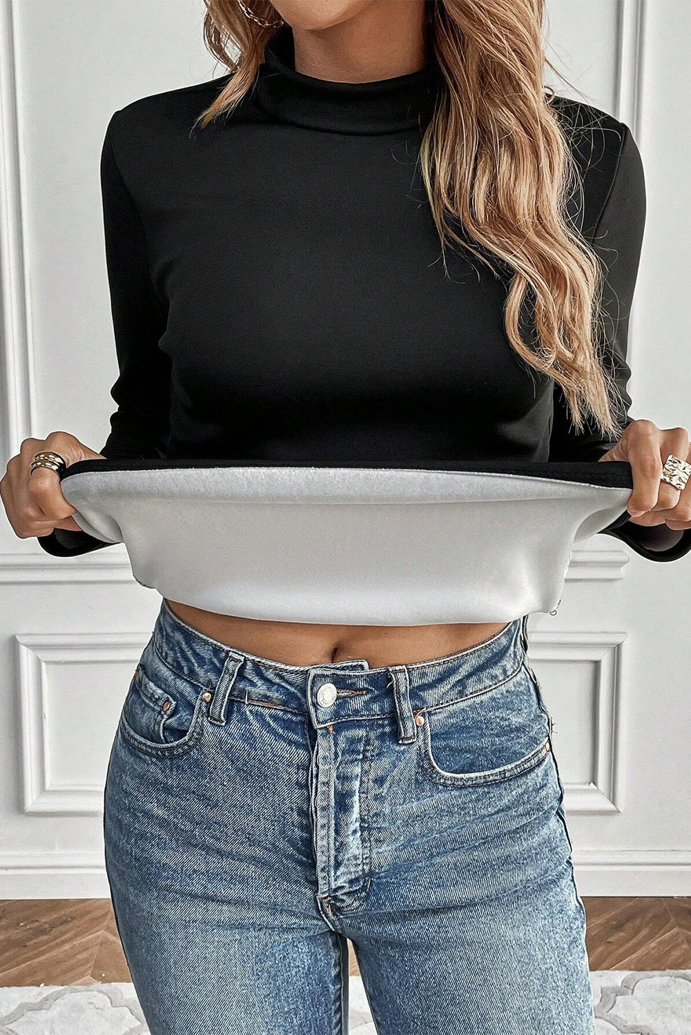 Black Mock Neck Thermal Lined Long Sleeve Tee Dear-Lover Dropshipping