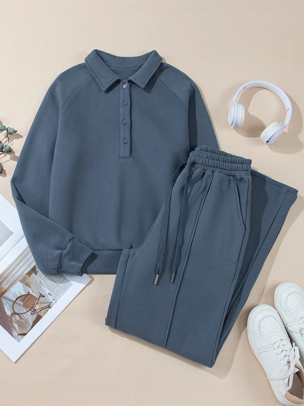 Collared Sweatshirt and High Waist Pants Active Set.