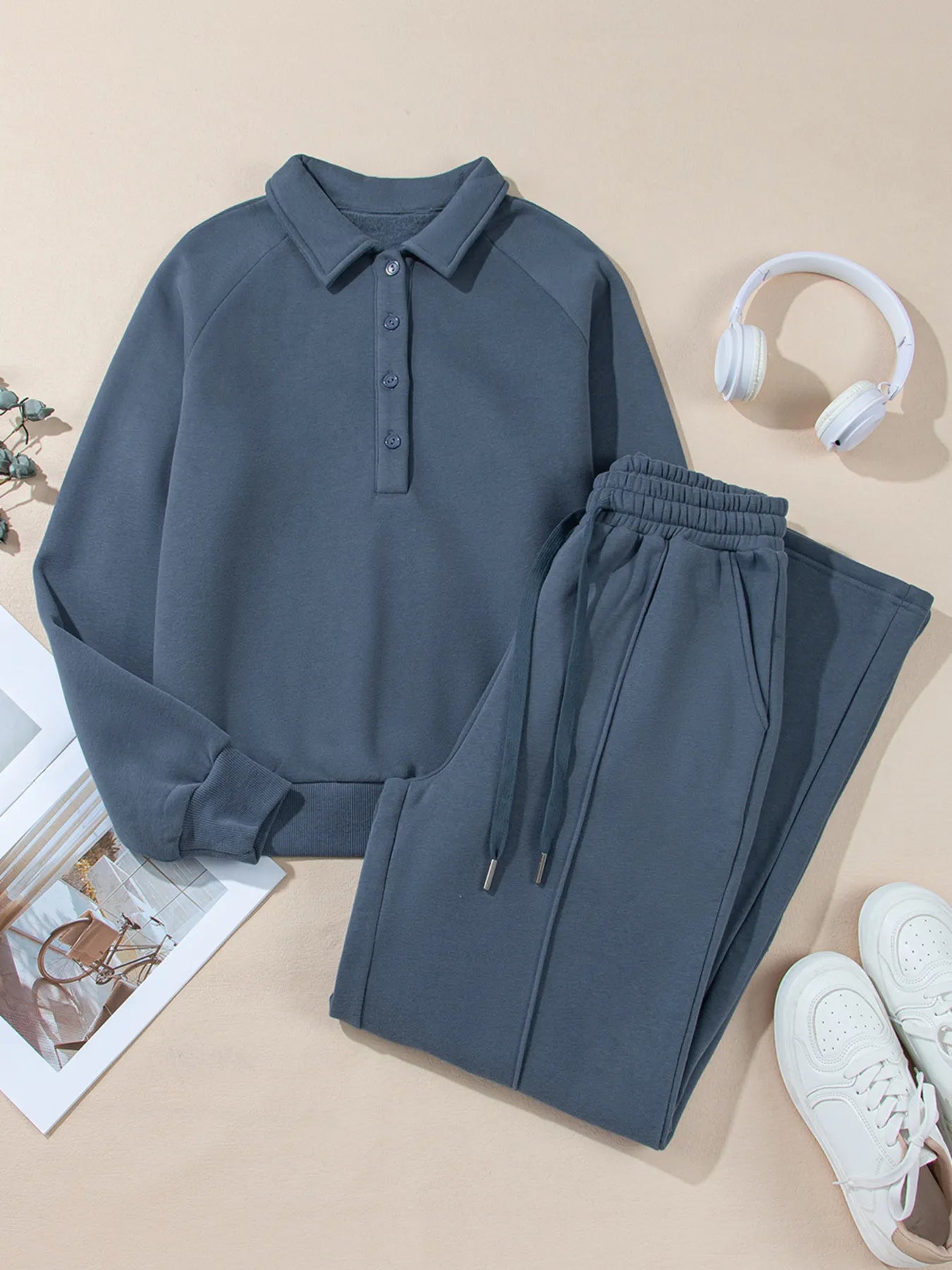 Collared Sweatshirt and High Waist Pants Active Set.