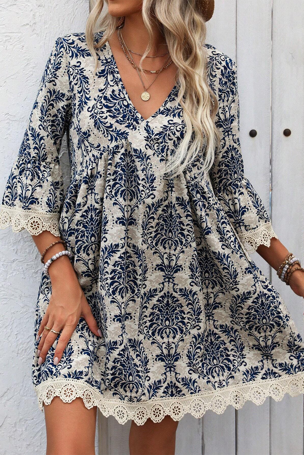 Sky Blue Vintage Printed Lace Trim V Neck 3/4 Sleeve Loose Dress Dear-Lover Dropshipping