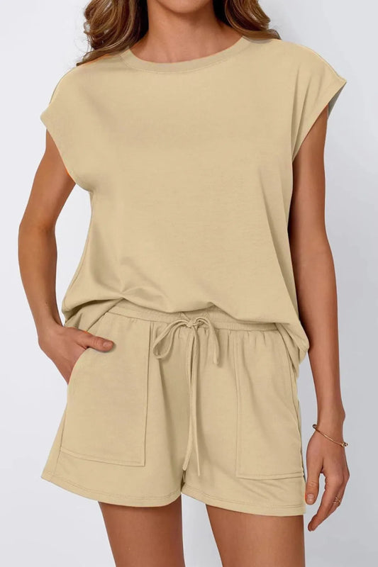 Round Neck Cap Sleeve Top and Shorts Set - CHIC TB