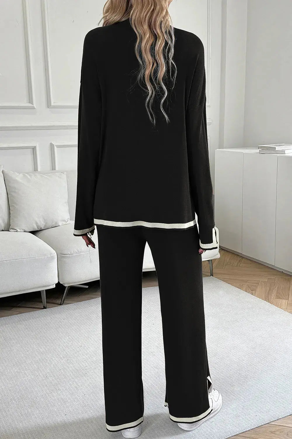 Devine Contrast Trim Round Neck Top and Pants Set.