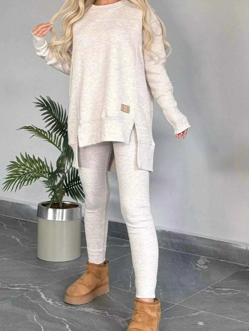 Full Size Slit Round Neck Top and Pants Set Plus Size