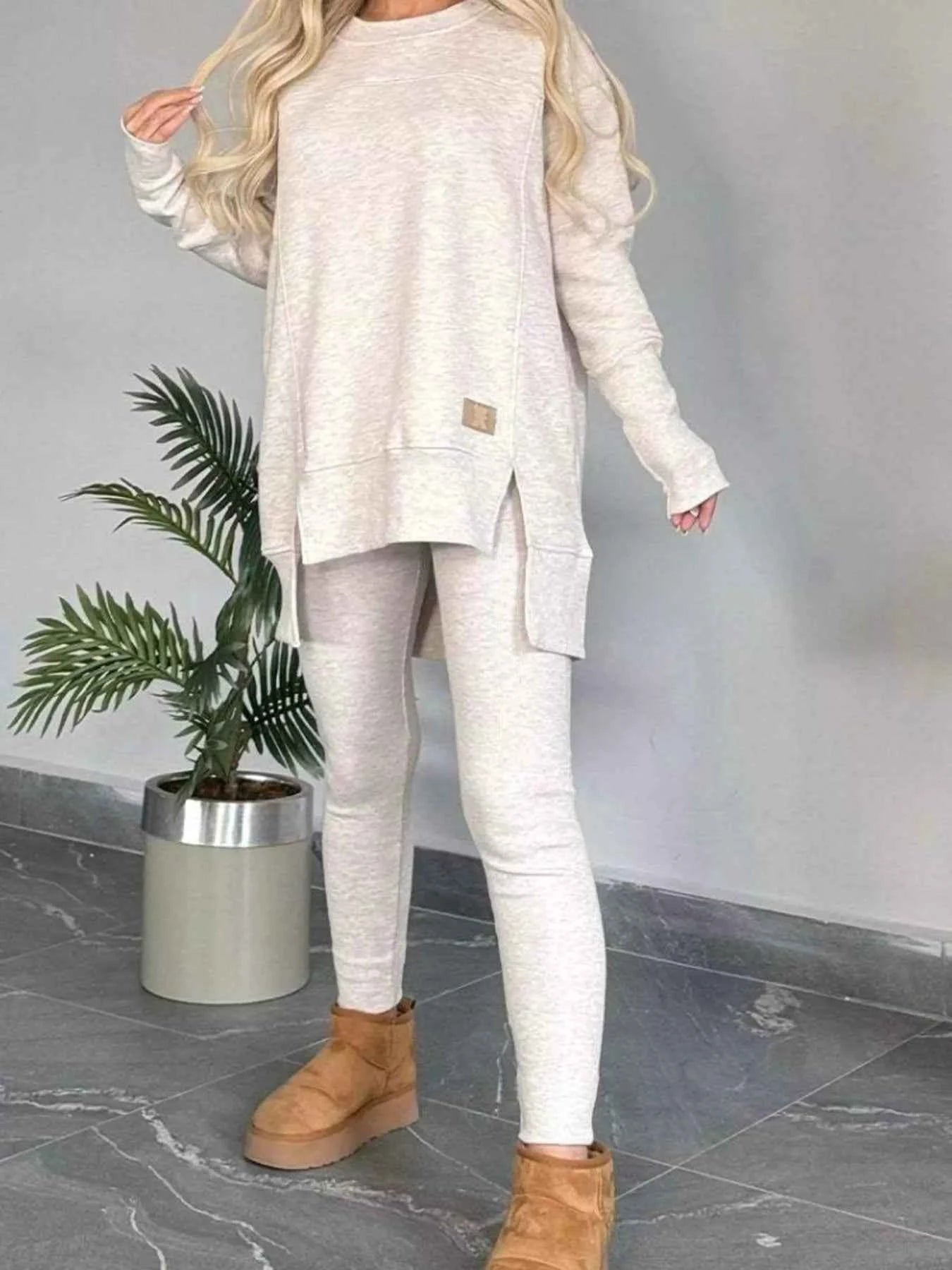 Full Size Slit Round Neck Top and Pants Set Plus Size