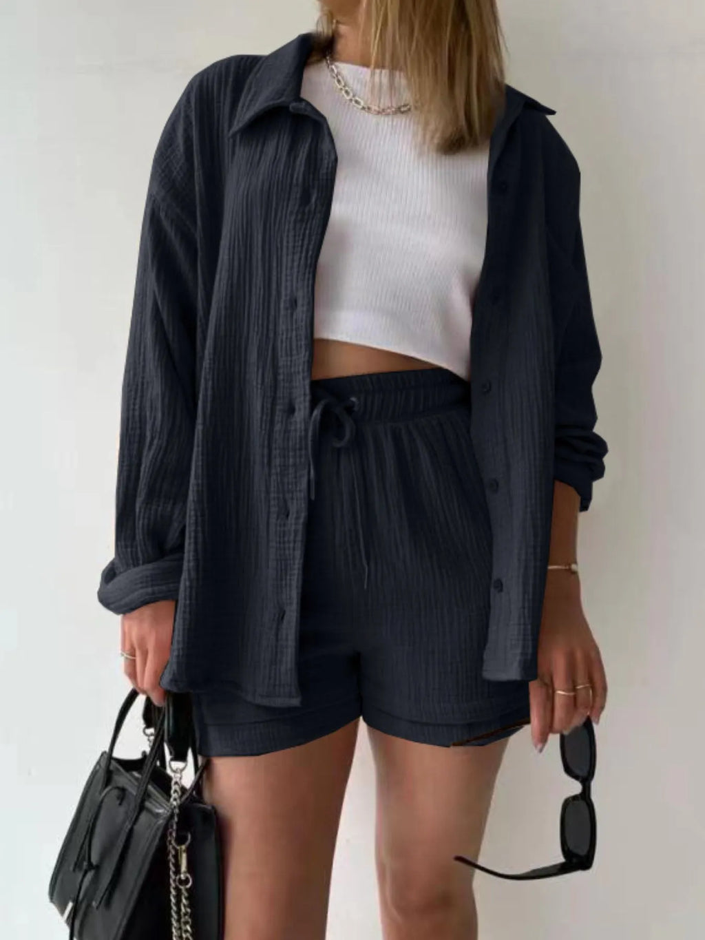 Textured Button Up Shirt and Shorts Set.
