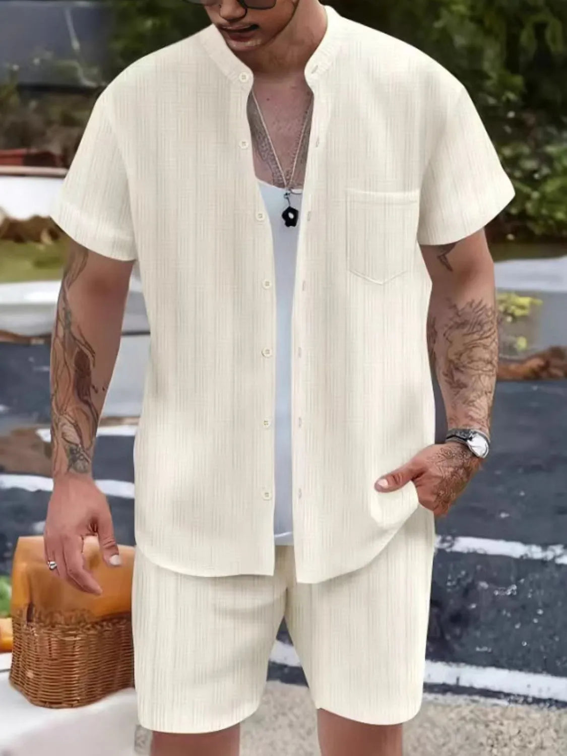 Men's Button Up Short Sleeve Shirt and Shorts Set.