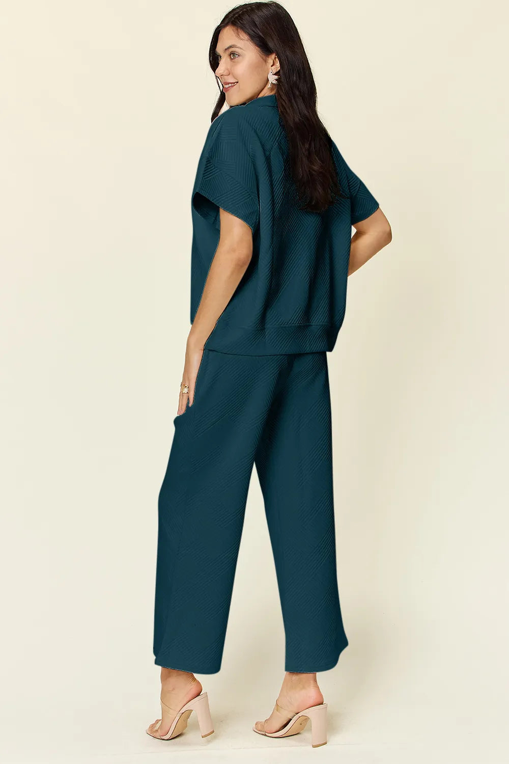 Double Take Full Size Texture Half Zip Short Sleeve Top and Pants Set - CHIC TB