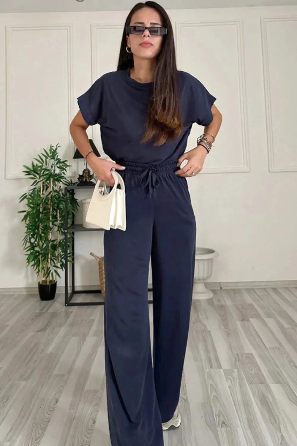 Round Neck Short Sleeve Top and Drawstring Pants Set.