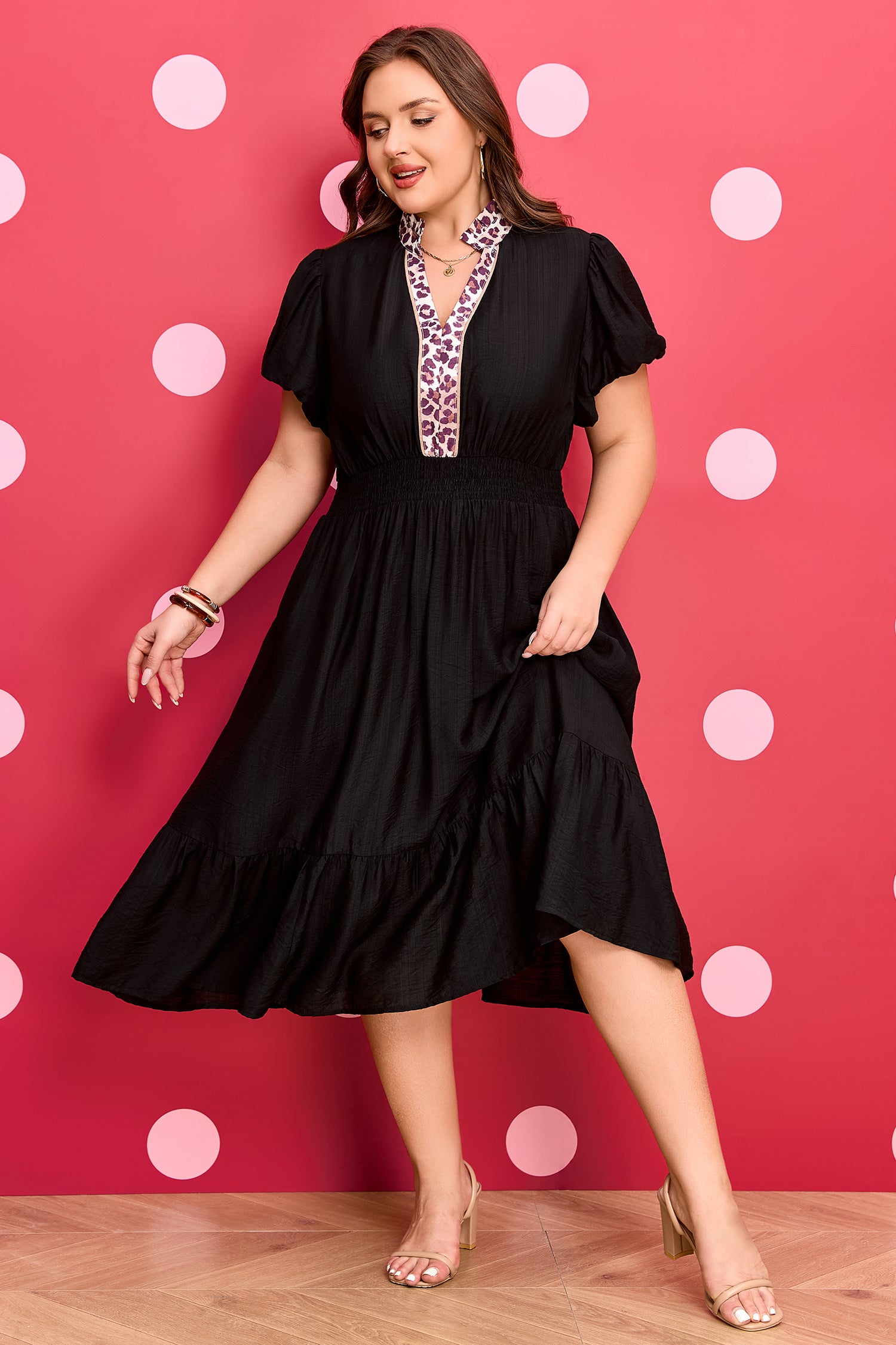 Black Leopard V Neck Patchwork Smocked Waist Plus Size Ruffled Dress
