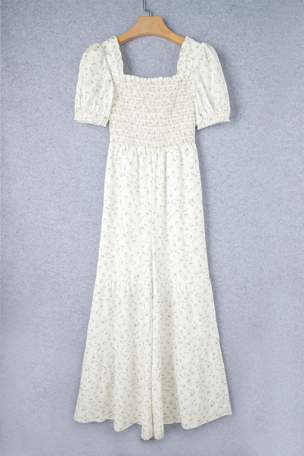 White Boho Floral Smocked Wide Leg Short Puff Sleeve Jumpsuit Dear-Lover Dropshipping