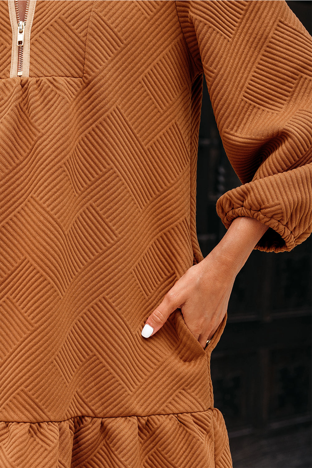 Desert Gold Quarter Zip Collar Bracelet Sleeve Textured Mini Dress Dear-Lover Dropshipping