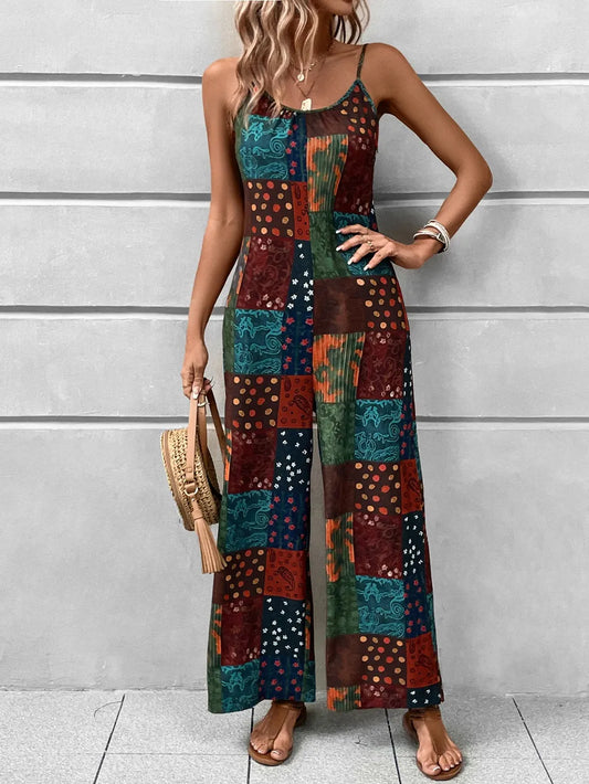 Printed Scoop Neck Spaghetti Strap Jumpsuit - CHIC TB