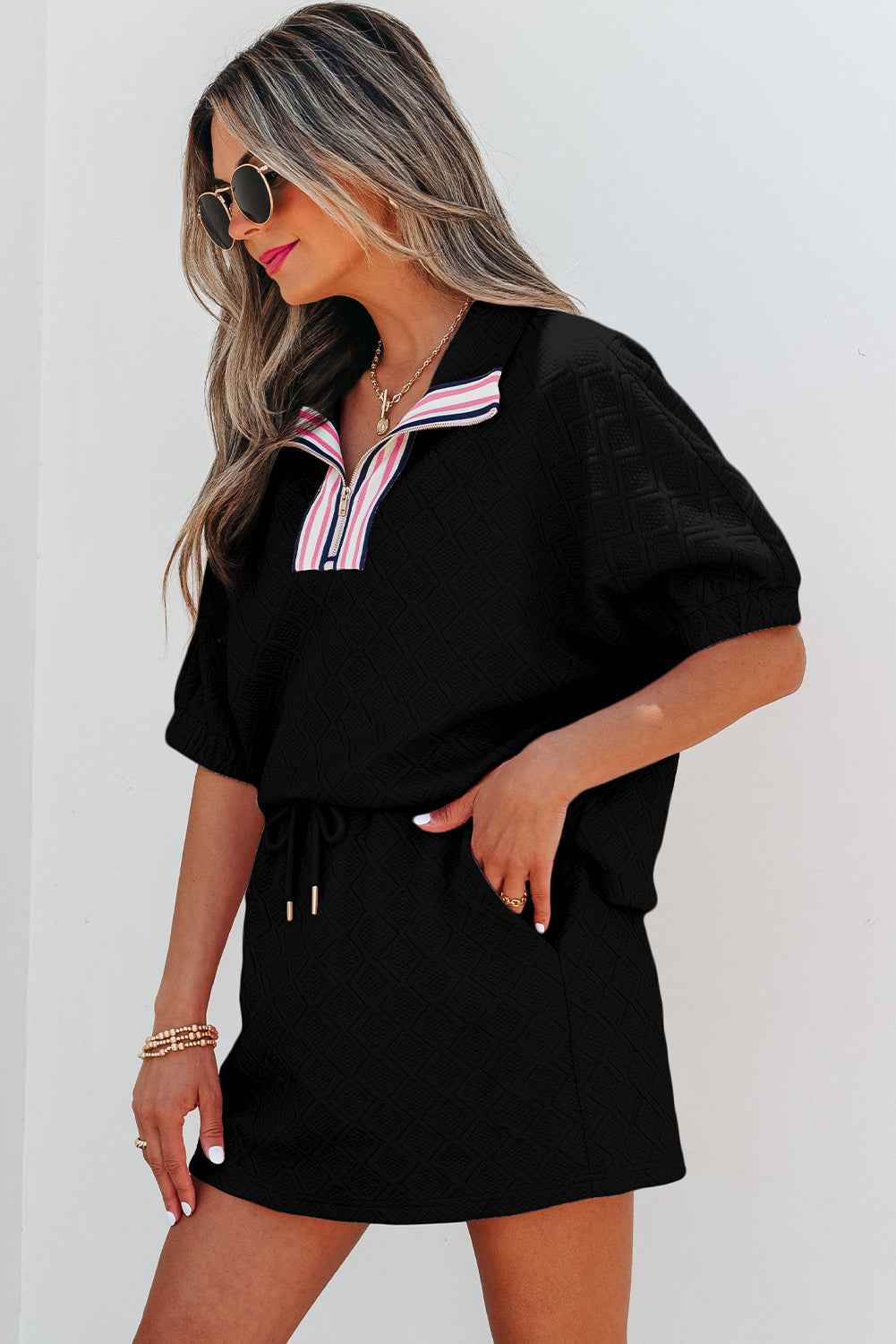 Color black Striped Collared Zip up Textured Skirt Set