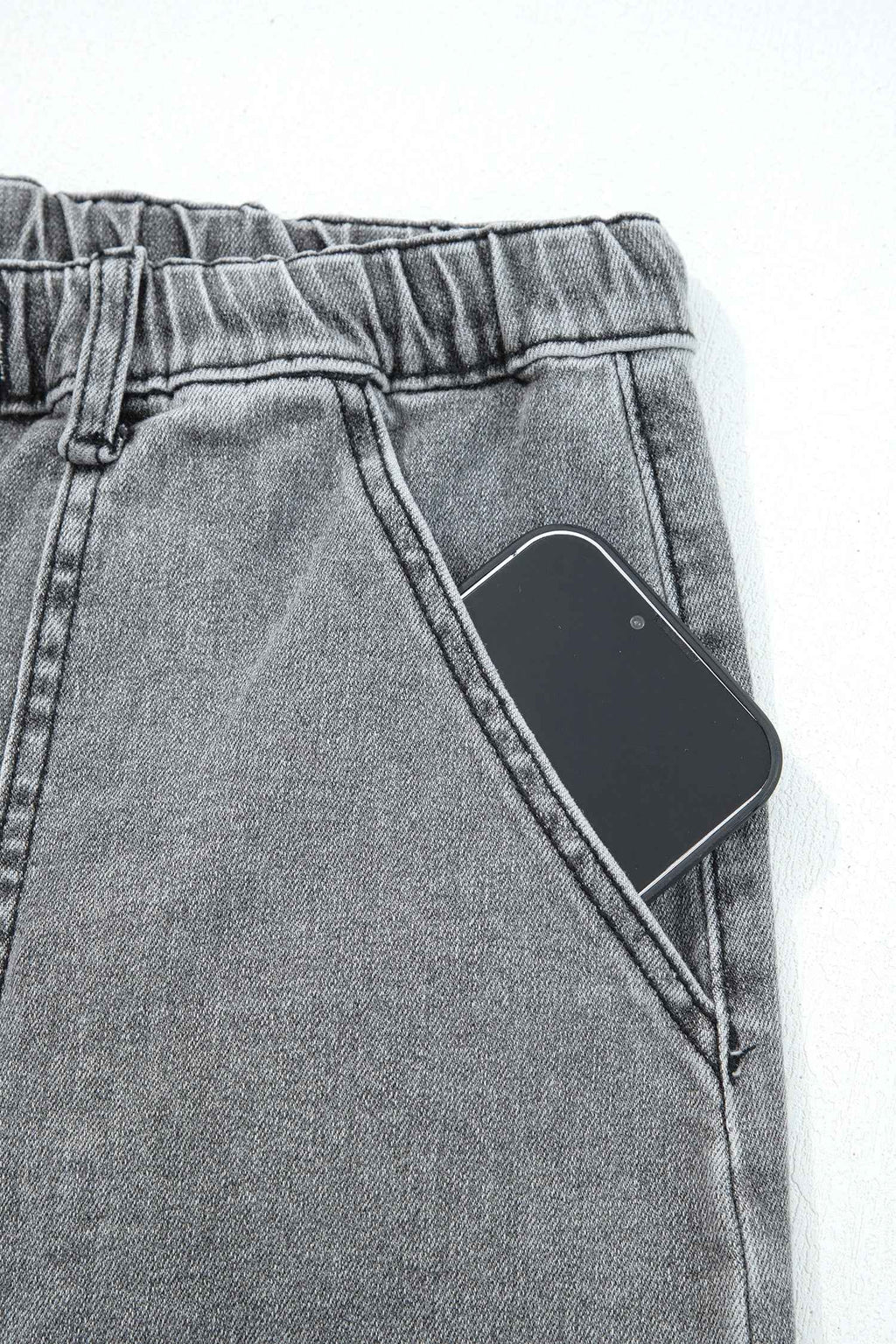 Gray Drawstring Seam Detail Raw Hem Wide Leg Denim Pants