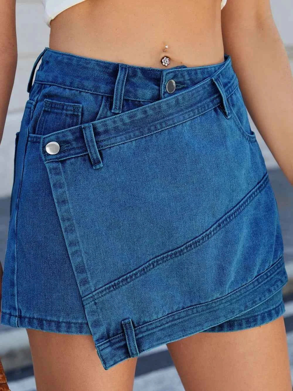 Asymmetrical Denim Skort with Pockets