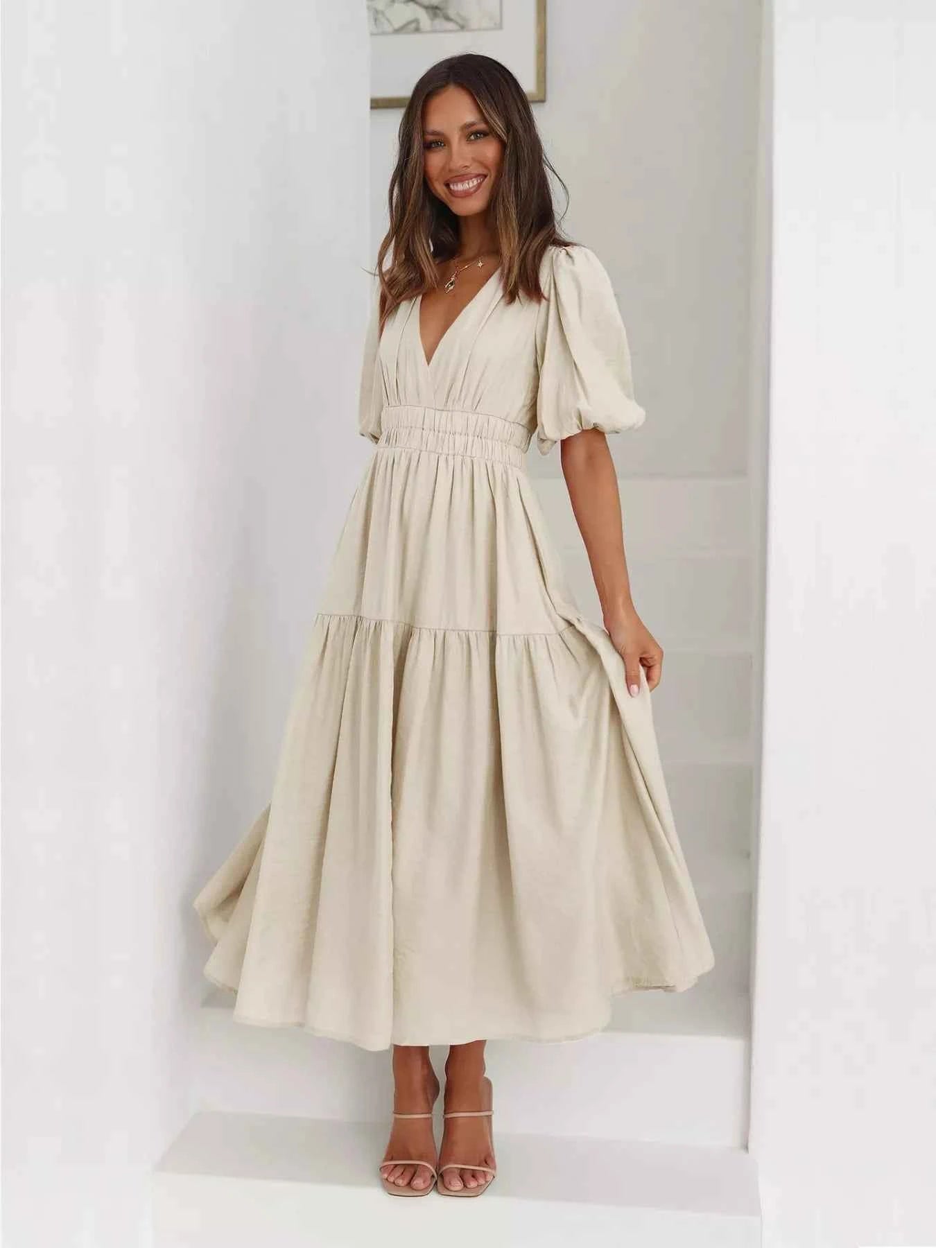 Tiered Puff Sleeve Midi Dress
