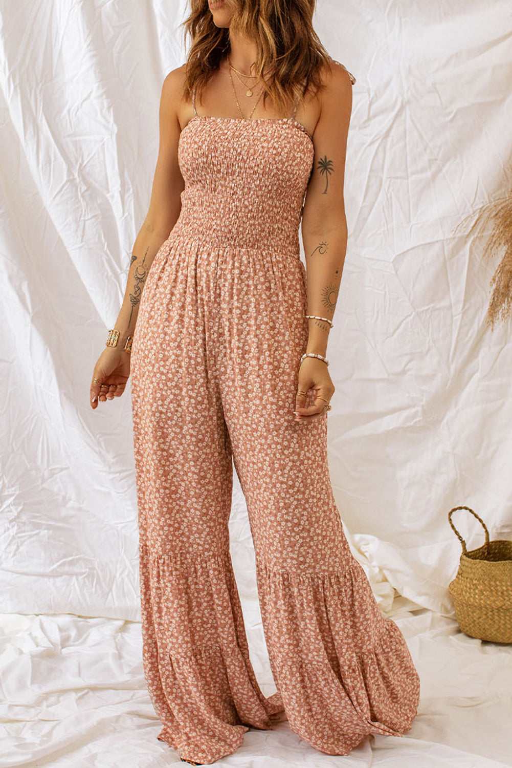 Khaki Thin Straps Smocked Bodice Wide Leg Floral Jumpsuit Dear-Lover Dropshipping