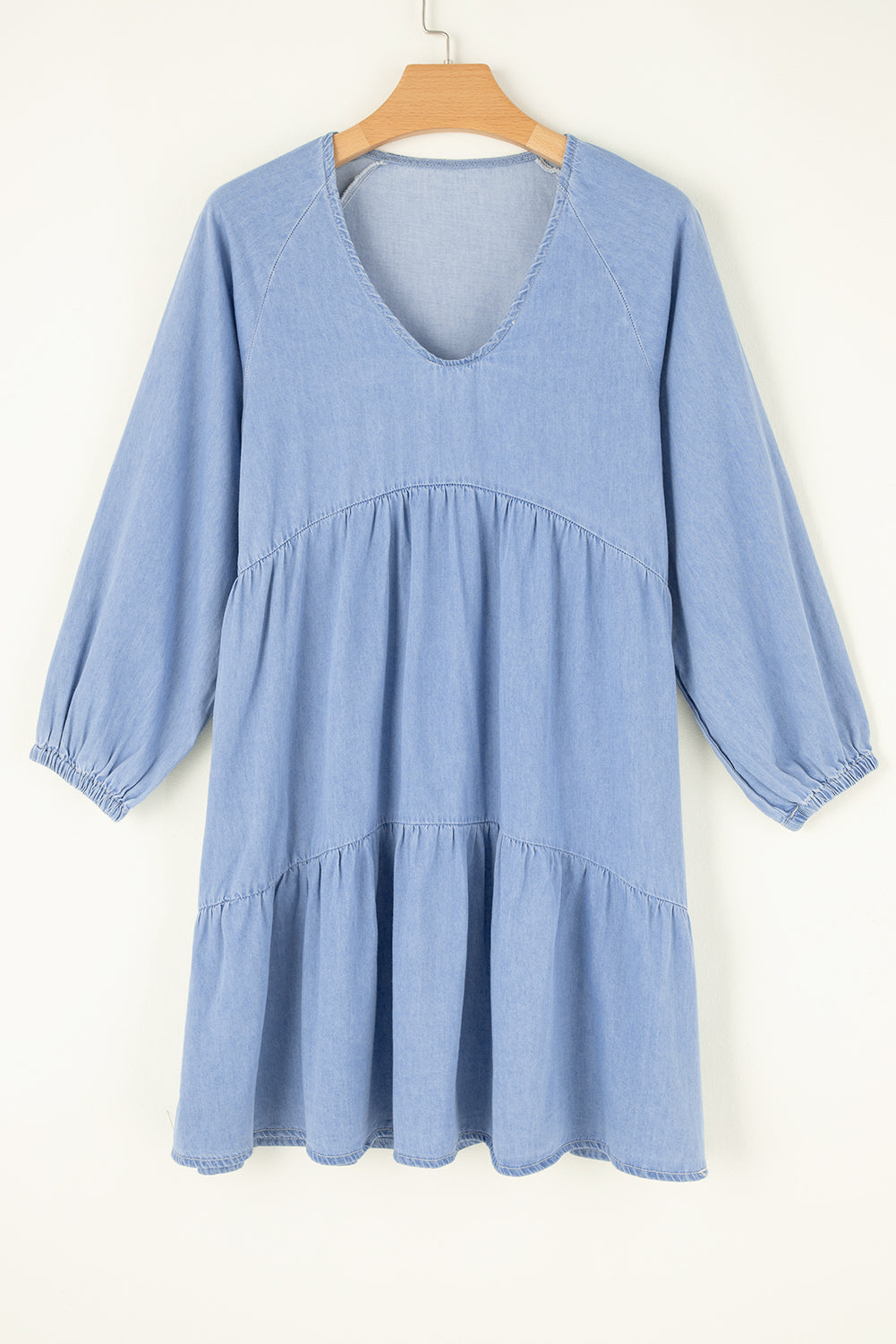 Beau Blue Puff Sleeve V Neck Tiered Ruffled Chambray Mini Dress Dear-Lover Dropshipping