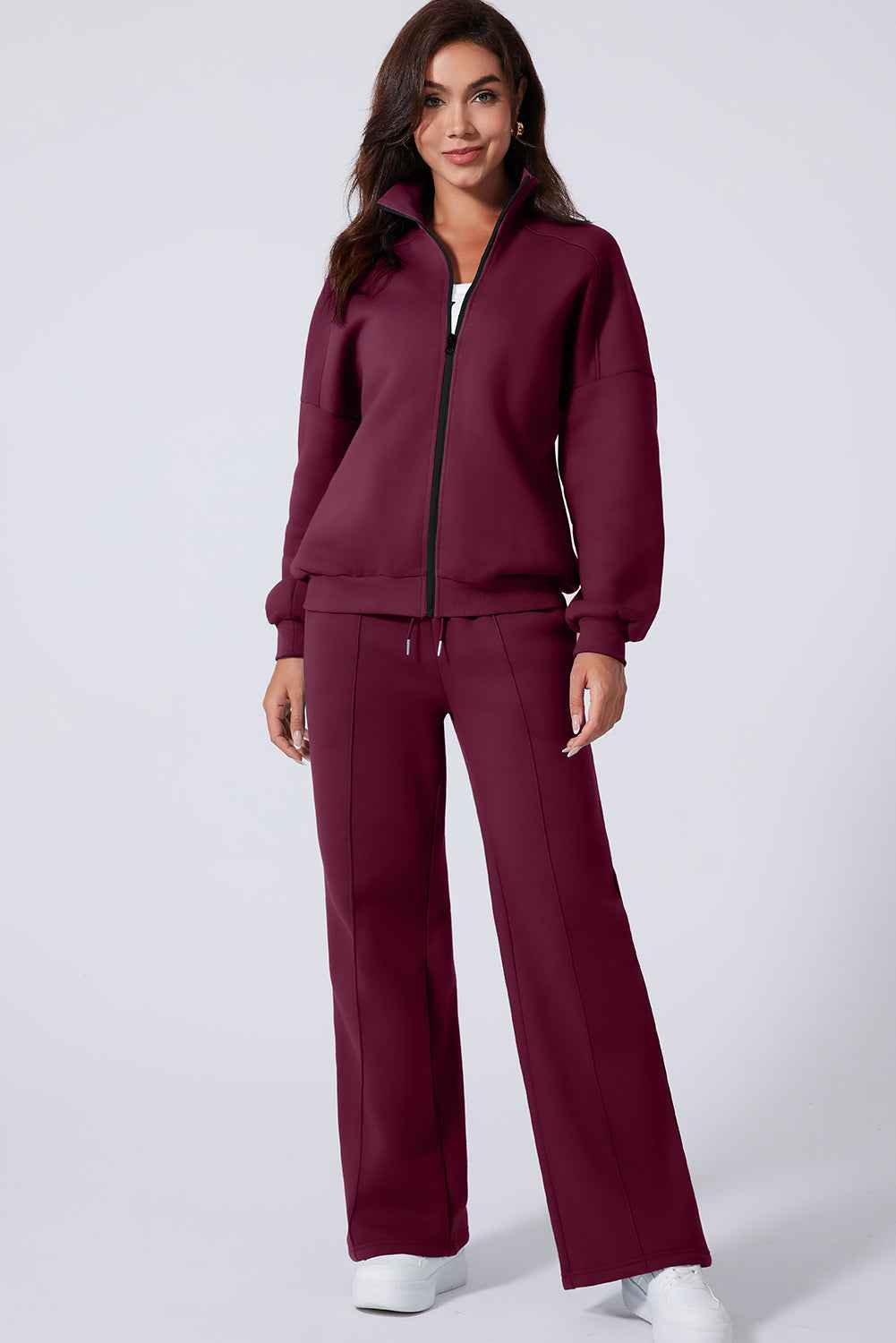 Burgundy Drop Shoulder Zip Up Jacket Drawstring Pants Active 2pcs Set