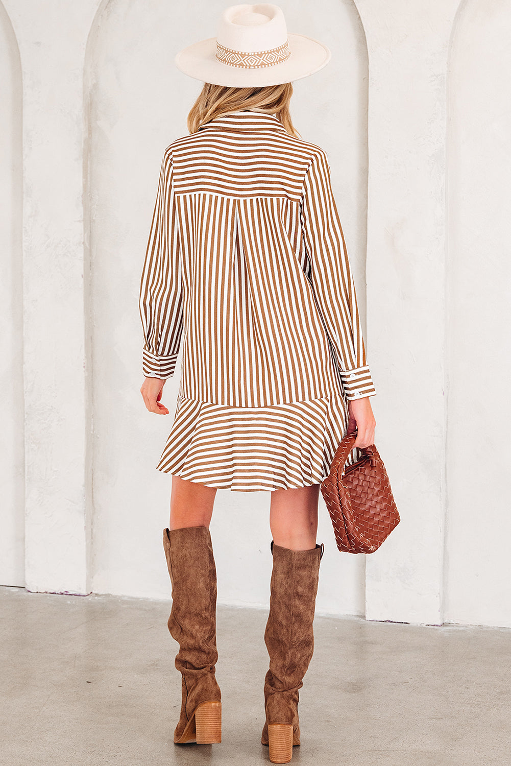 Brown Stripe Ruffled Hem Collared Long Sleeve Shirt Mini Dress Dear-Lover Dropshipping