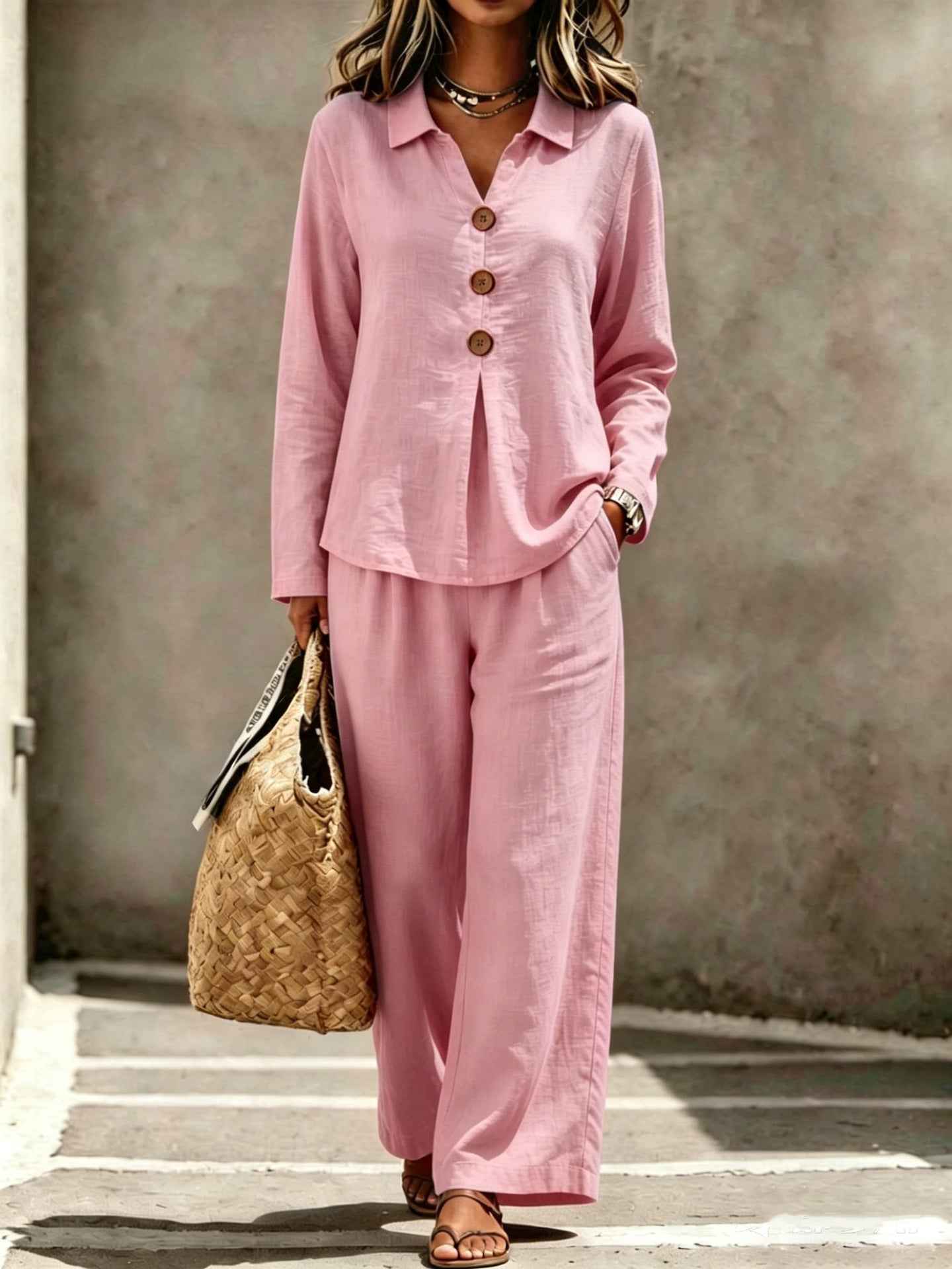 Womens Buttoned Polo-collar Long-sleeve Pantsuit