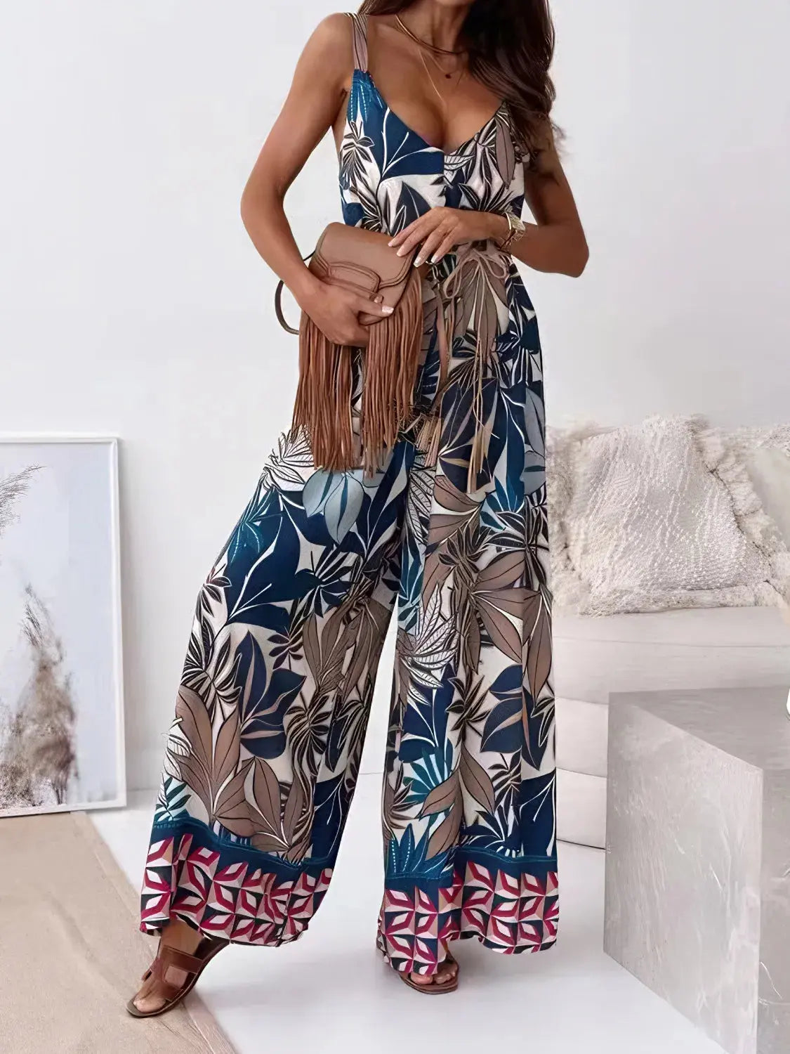 Printed V-Neck Wide Leg Jumpsuit.