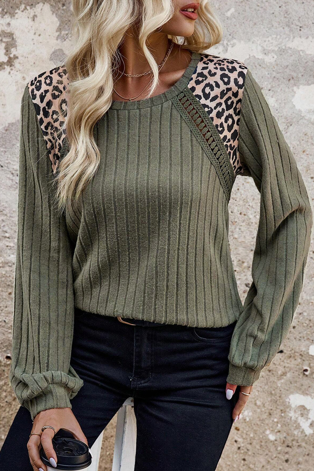 Moss Green Leopard Print Crochet Patchwork Rib Textured Knit Top Dear-Lover Dropshipping