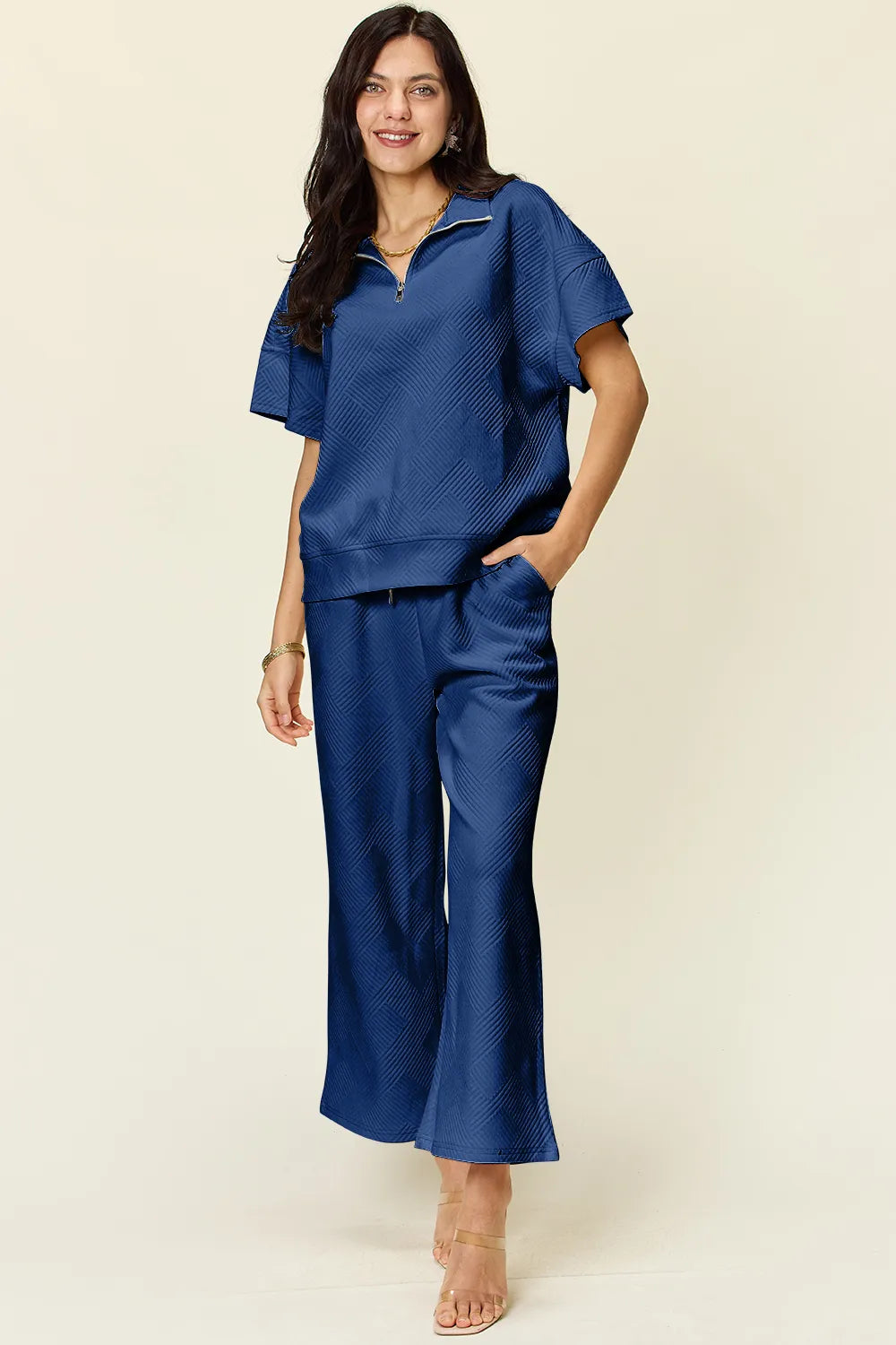 Double Take Full Size Texture Half Zip Short Sleeve Top and Pants Set - CHIC TB