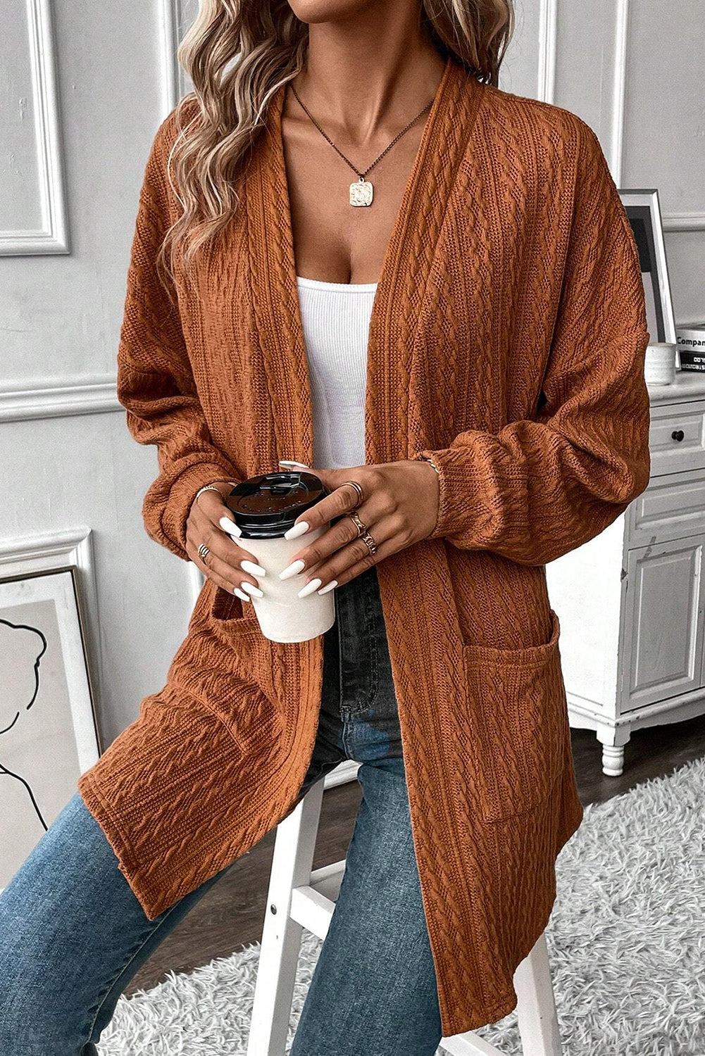 Chestnut Textured Knit Side Pockets Open Front Cardigan Dear-Lover Dropshipping