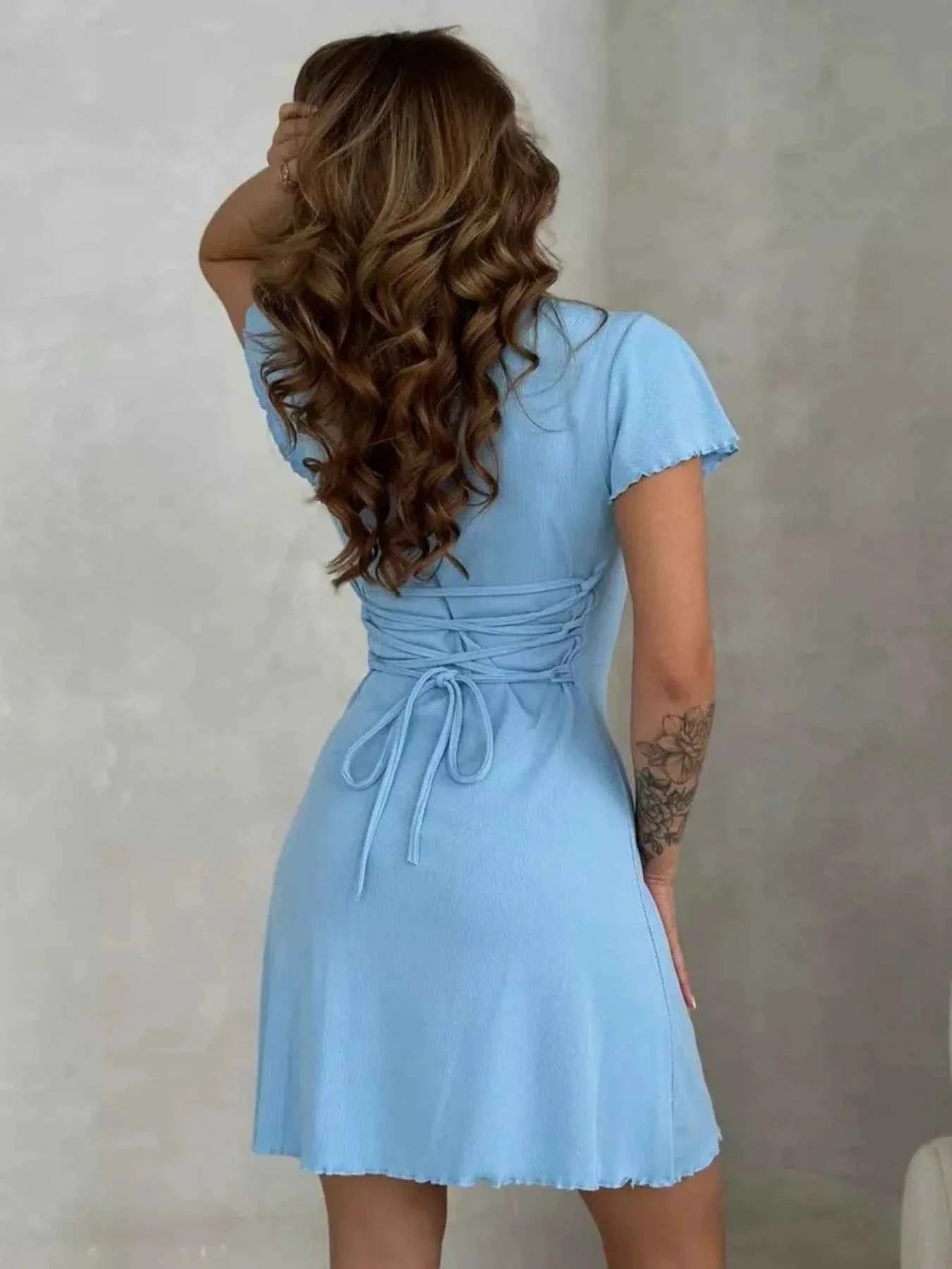 Ribbed Back Lace Up Short Sleeve Mini Dress