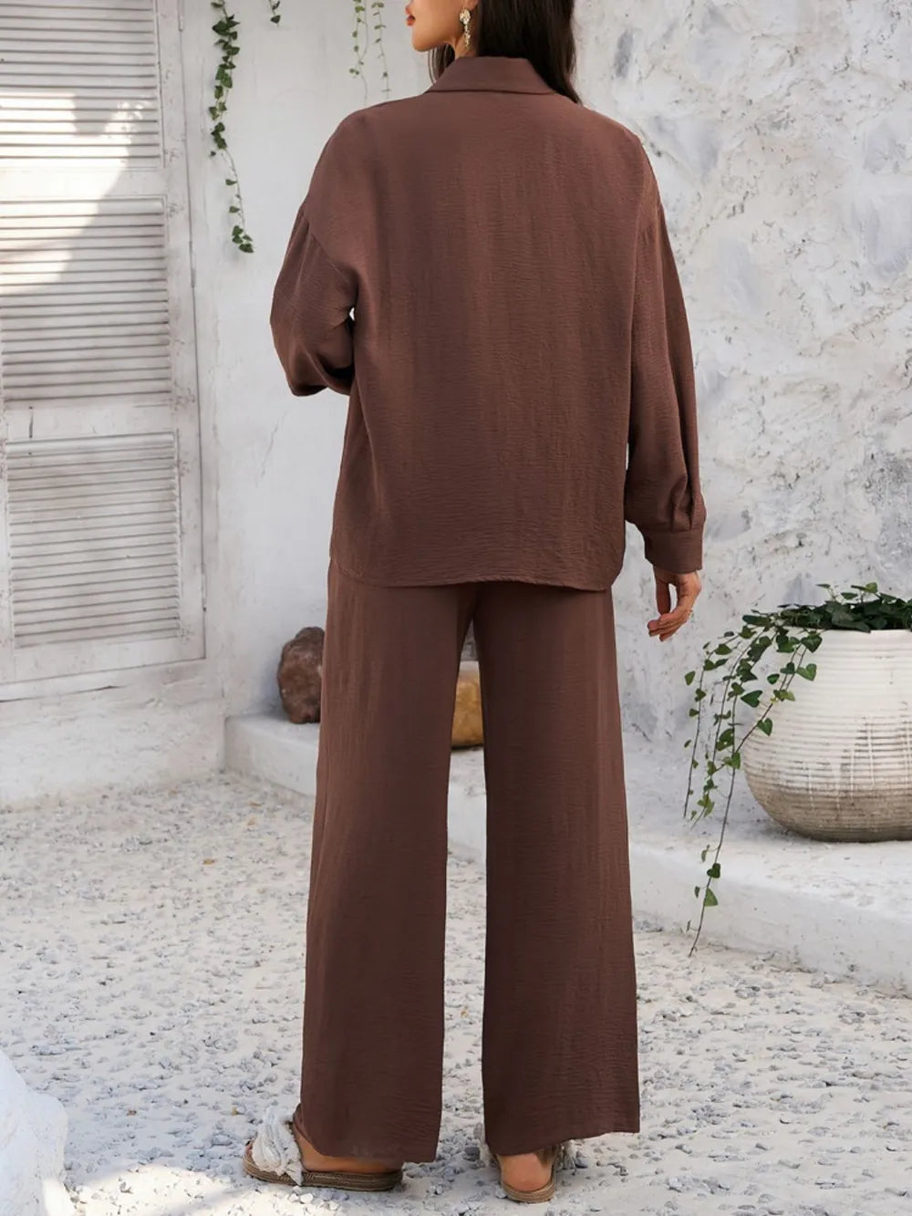 Devine Collared Neck Long Sleeve Top and Pants Set.
