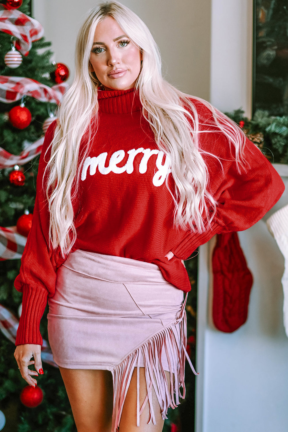 Fiery Red Merry Letter Embroidered High Neck Sweater Dear-Lover Dropshipping