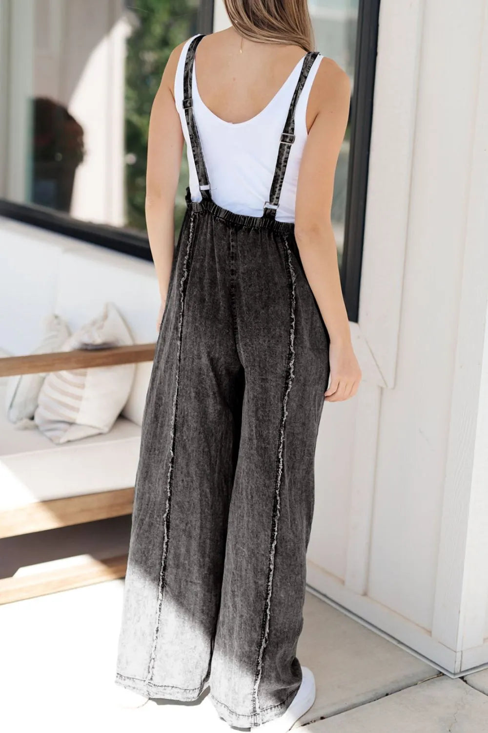 Frayed Exposed Seam Wide Leg Denim Overalls - CHIC TB