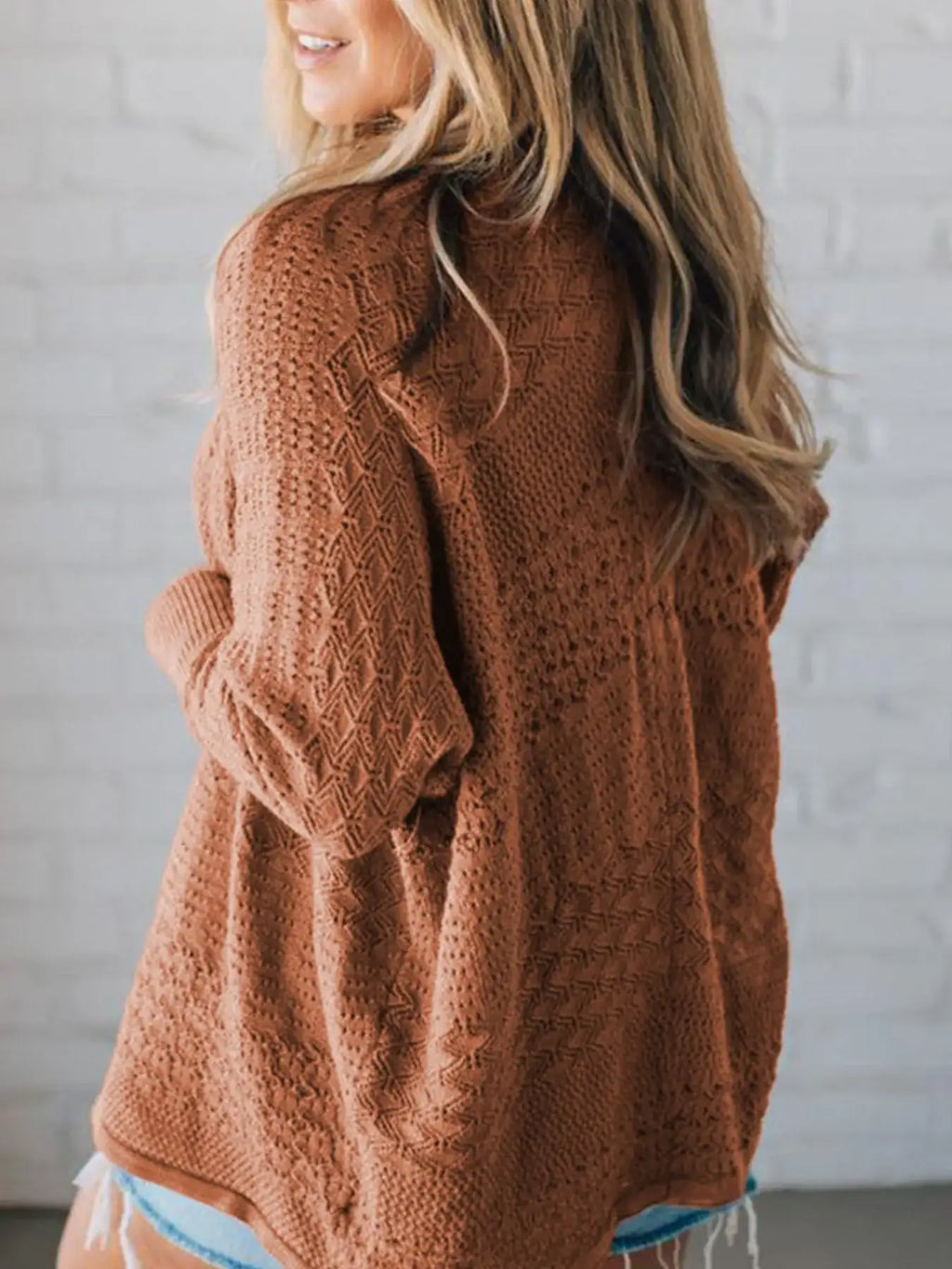 Open Front Knitted Cardigan with Eyelet Details.