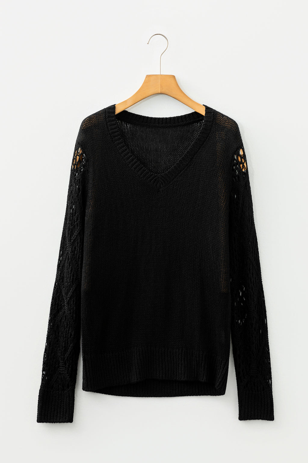 Black Solid V Neck Pointelle Knit Sleeve Patchwork Sweater