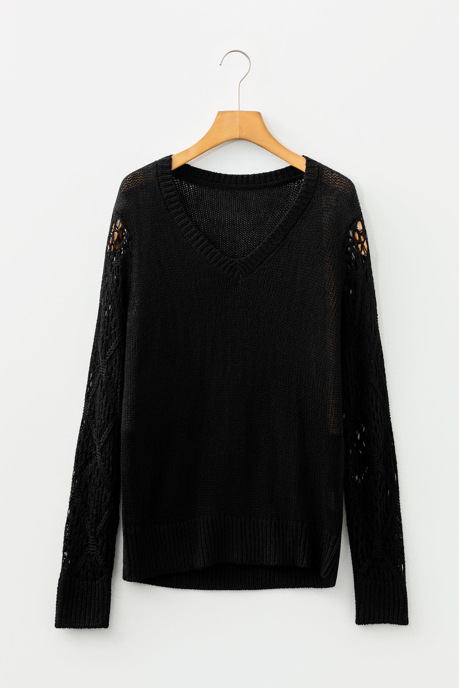 Black Solid V Neck Pointelle Knit Sleeve Patchwork Sweater
