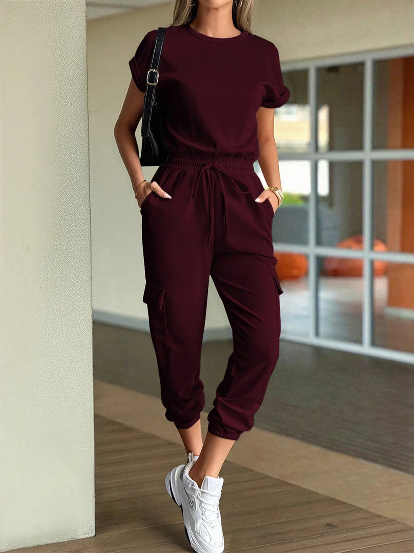Round Neck Short Sleeve Top and Pants Set.
