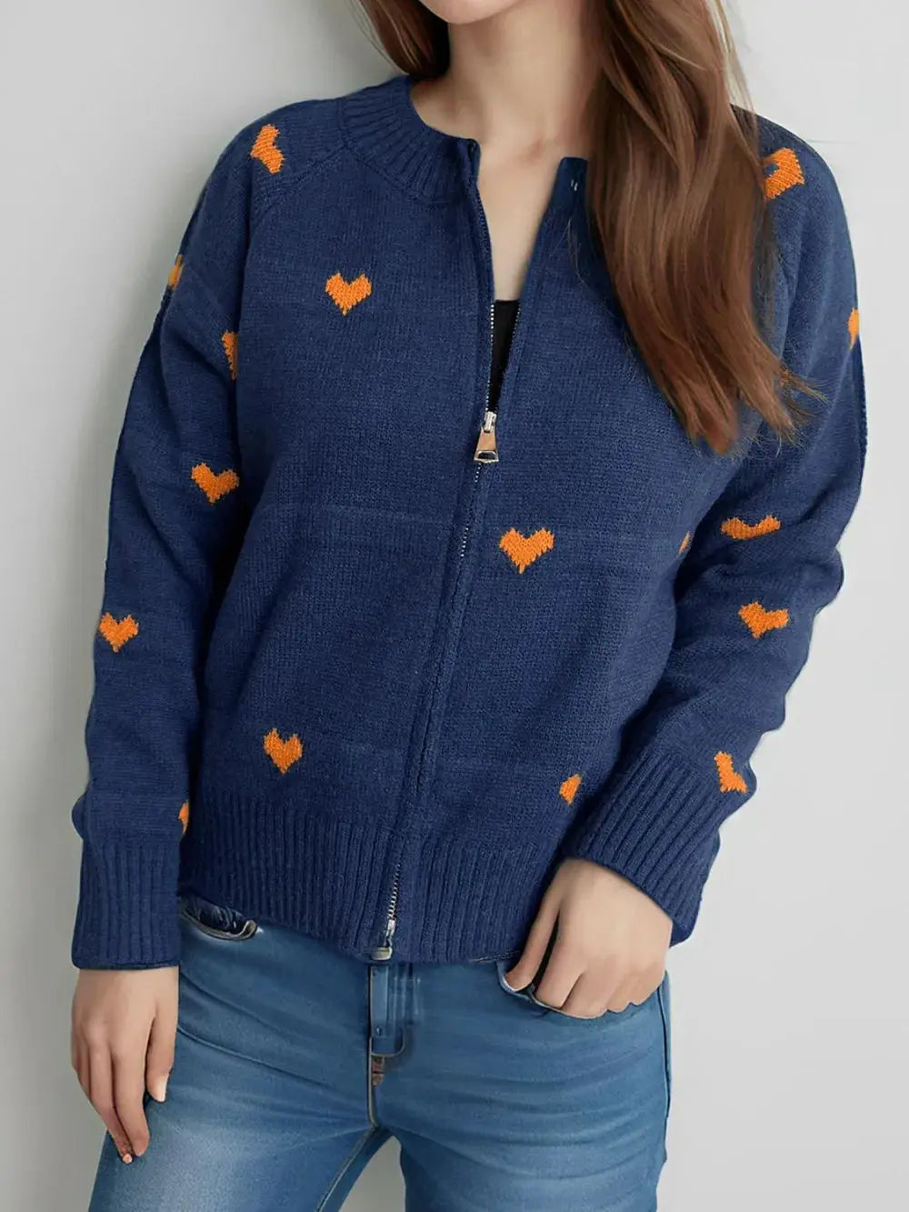 Heart Round Neck Zip Up Cardigan.