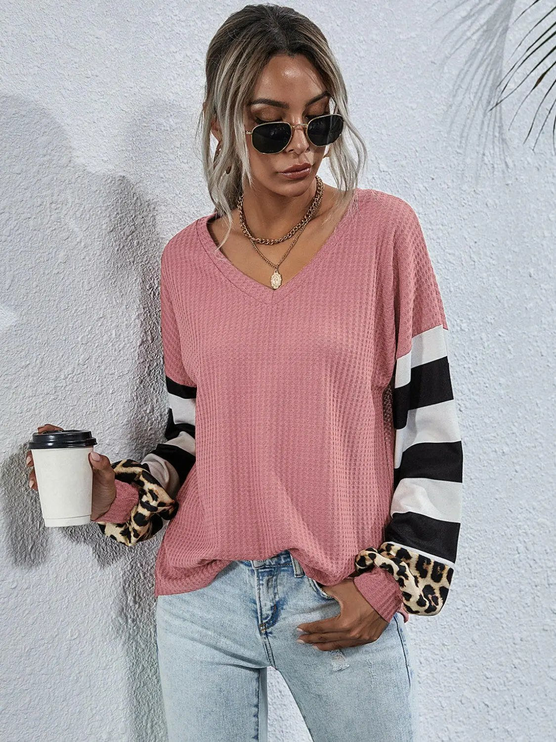 Leopard Striped Waffle-Knit Top.