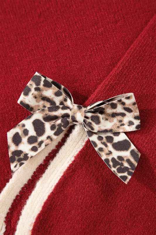 Leopard Bow Split Cuff Contrast Trim Sweater
