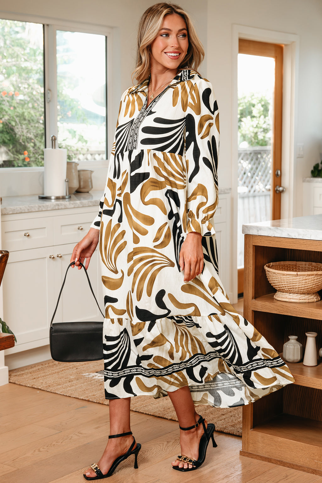 Brown Tropical Printed Contrast Trim Neck Long Sleeve Ruffle Hem Dress