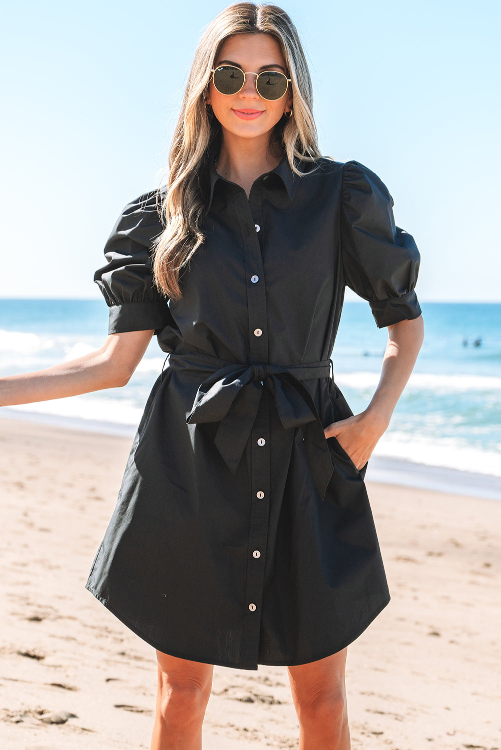 Black Button Up Tie Waist Puff Sleeve Mini Dress Dear-Lover Dropshipping