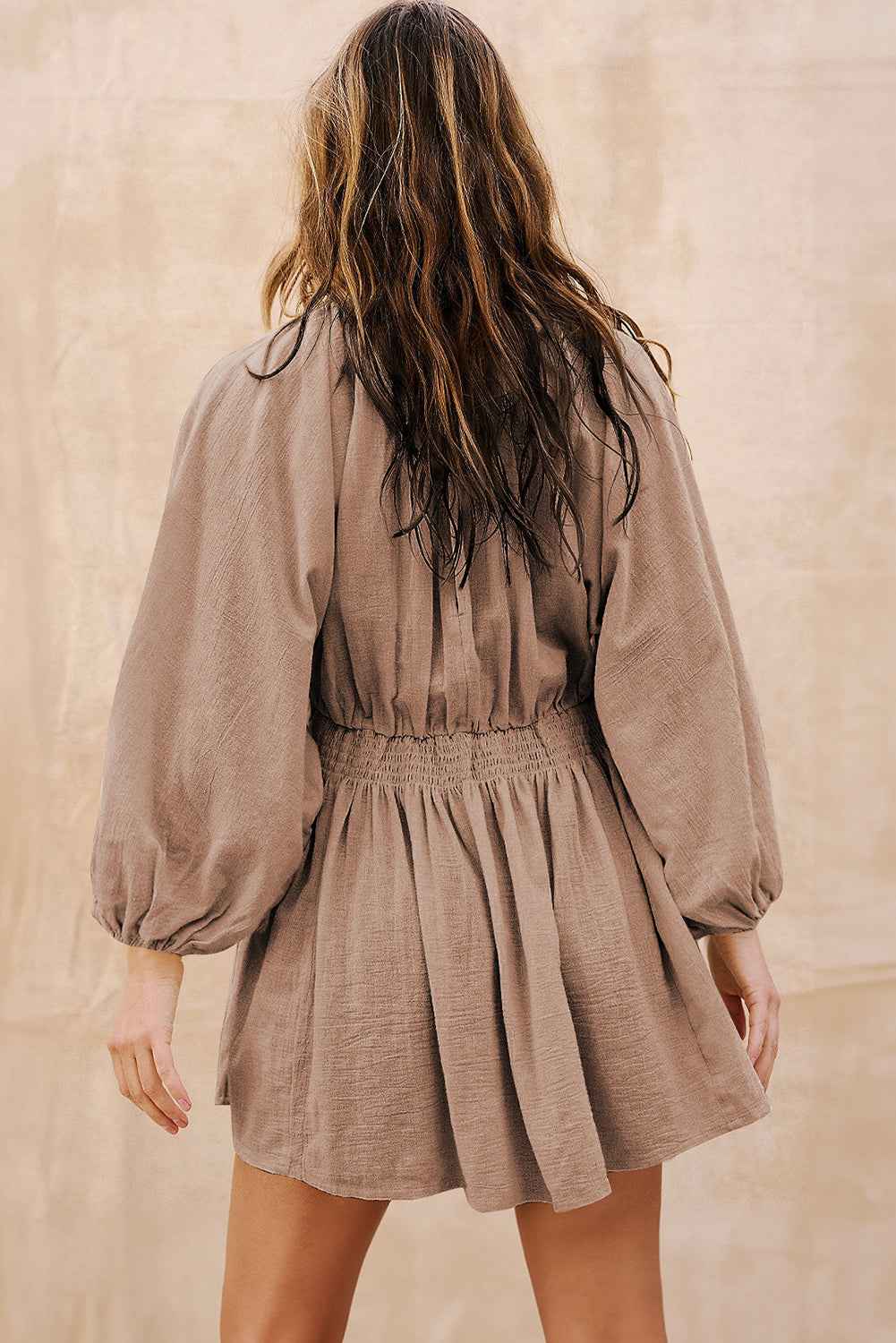 Smoke Gray Deep V Neck Bubble Sleeve Smocked Mini Dress