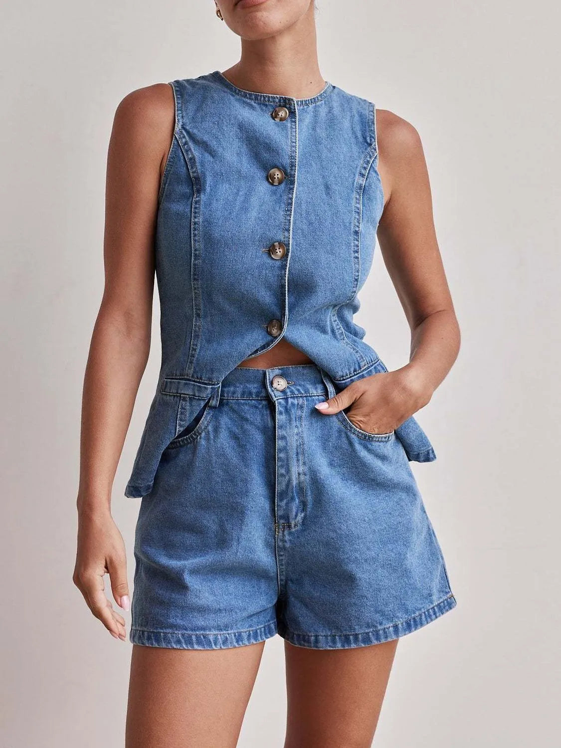 Button Down Vest and Shorts Denim Set.